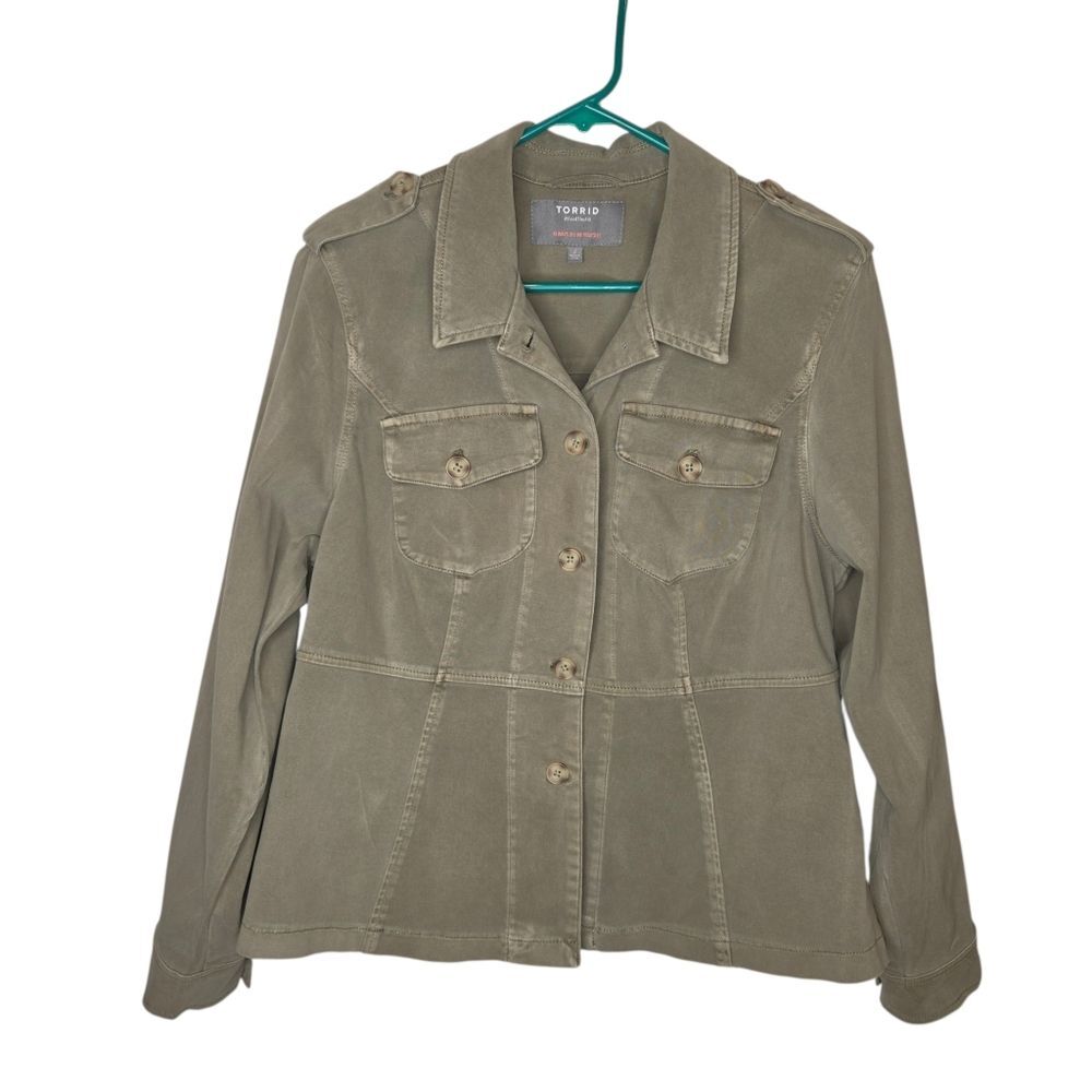 Torrid Olive Green Twill Peplum Utility Button-Up Jacket, Size 2 (2X) - Picture 2 of 9
